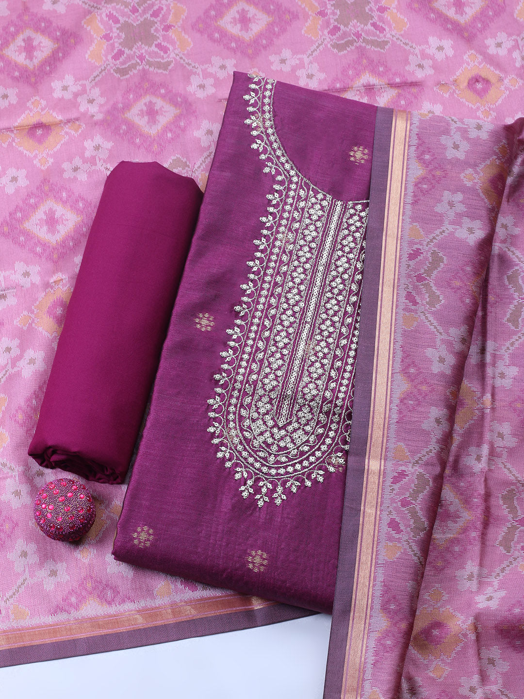Embroidered Chanderi Unstitched Suit With Pant &amp; Dupatta