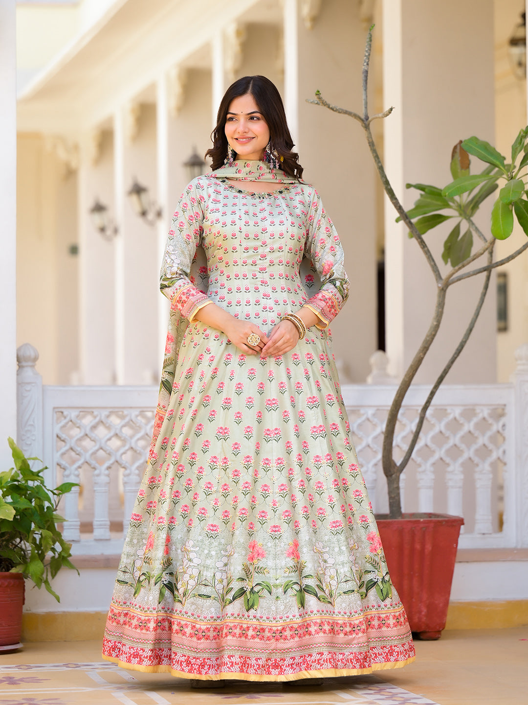 Digital Printed Anarkali Kurta With Churidar & Dupatta
