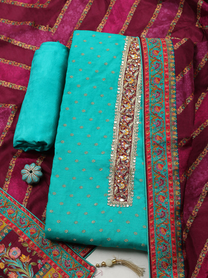 Embroidered Chanderi Unstitched Suit With Pant &amp; Dupatta