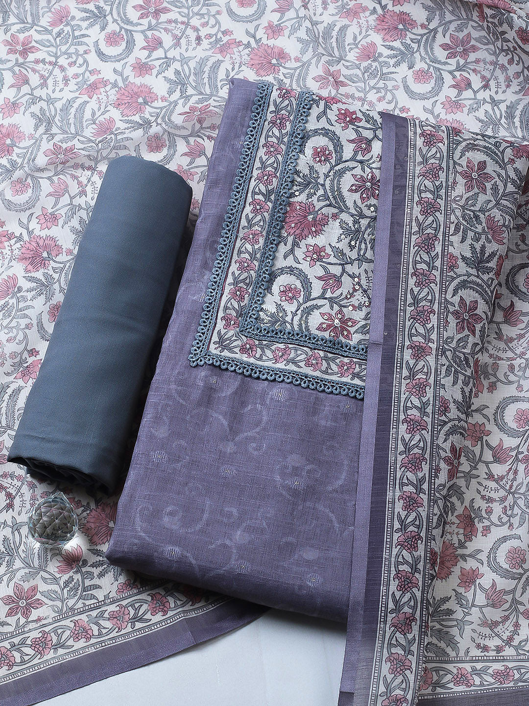 Embroidered Cotton Blend Unstitched Suit With Pant &amp; Dupatta