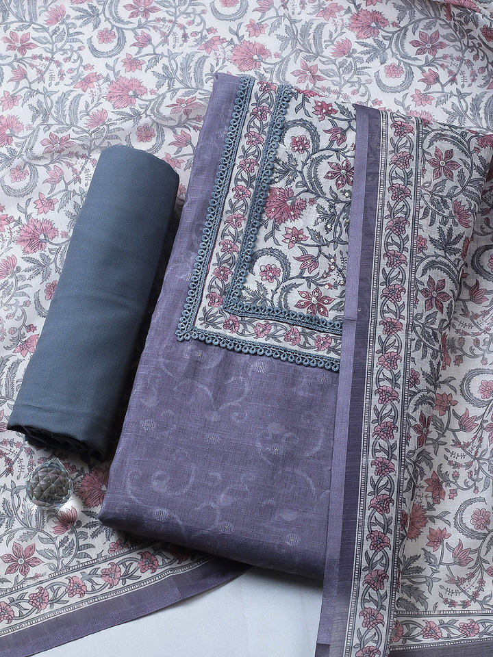 Embroidered Cotton Blend Unstitched Suit With Pant &amp; Dupatta