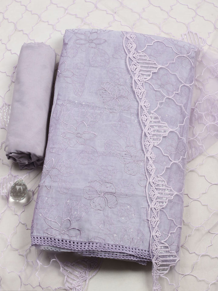 Embroidered Chanderi Unstitched Suit With Pant &amp; Dupatta
