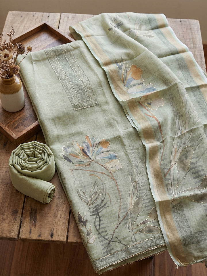 Printed Linen Blend Unstitched Suit With Pant &amp; Dupatta
