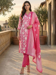Printed Cotton Kurta With Pant & Dupatta