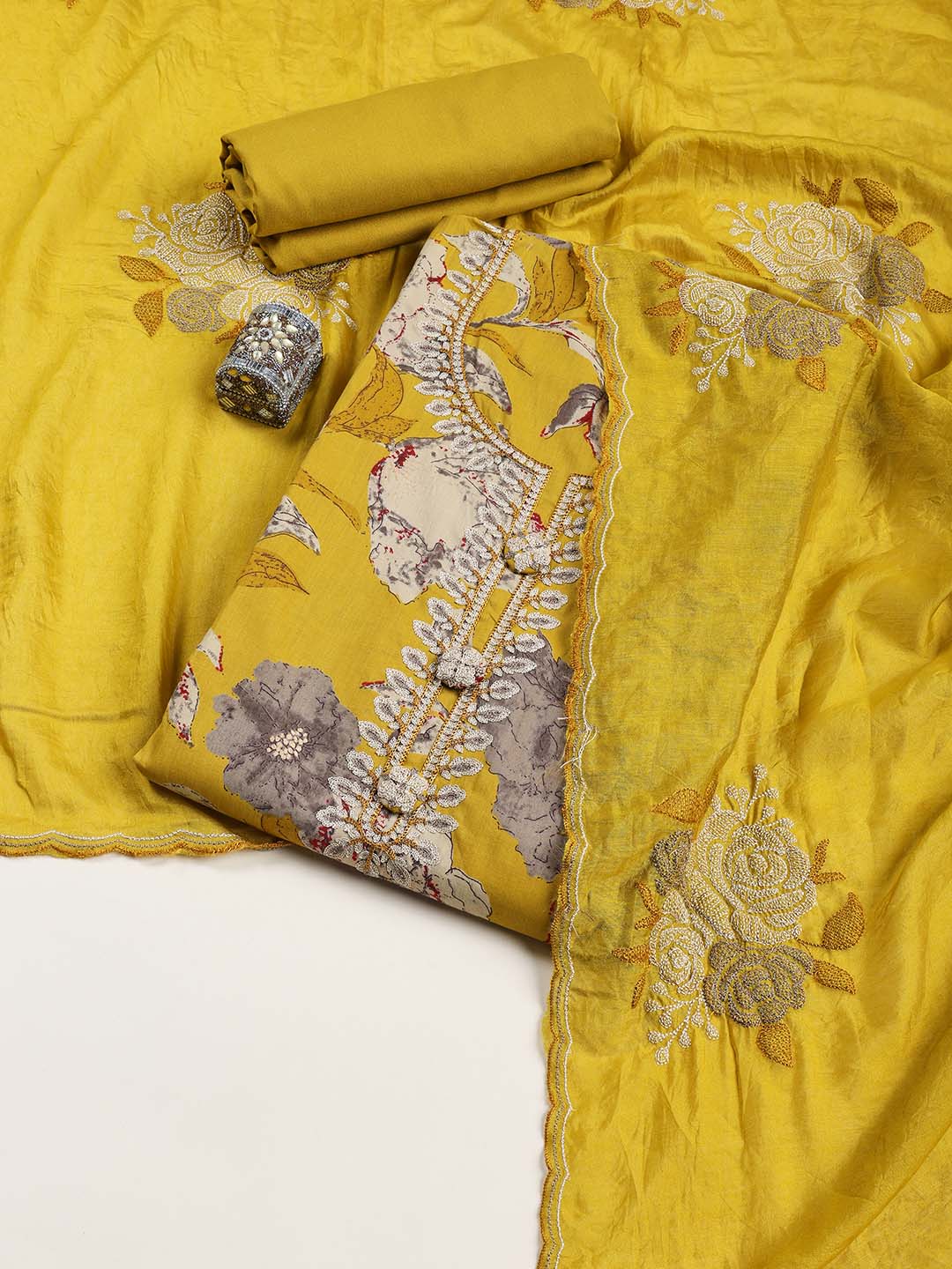 Printed Cotton Blend Unstitched Suit Piece With Dupatta