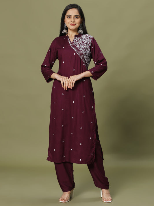 Resham Embroidery Cotton Blend Kurti With Pants