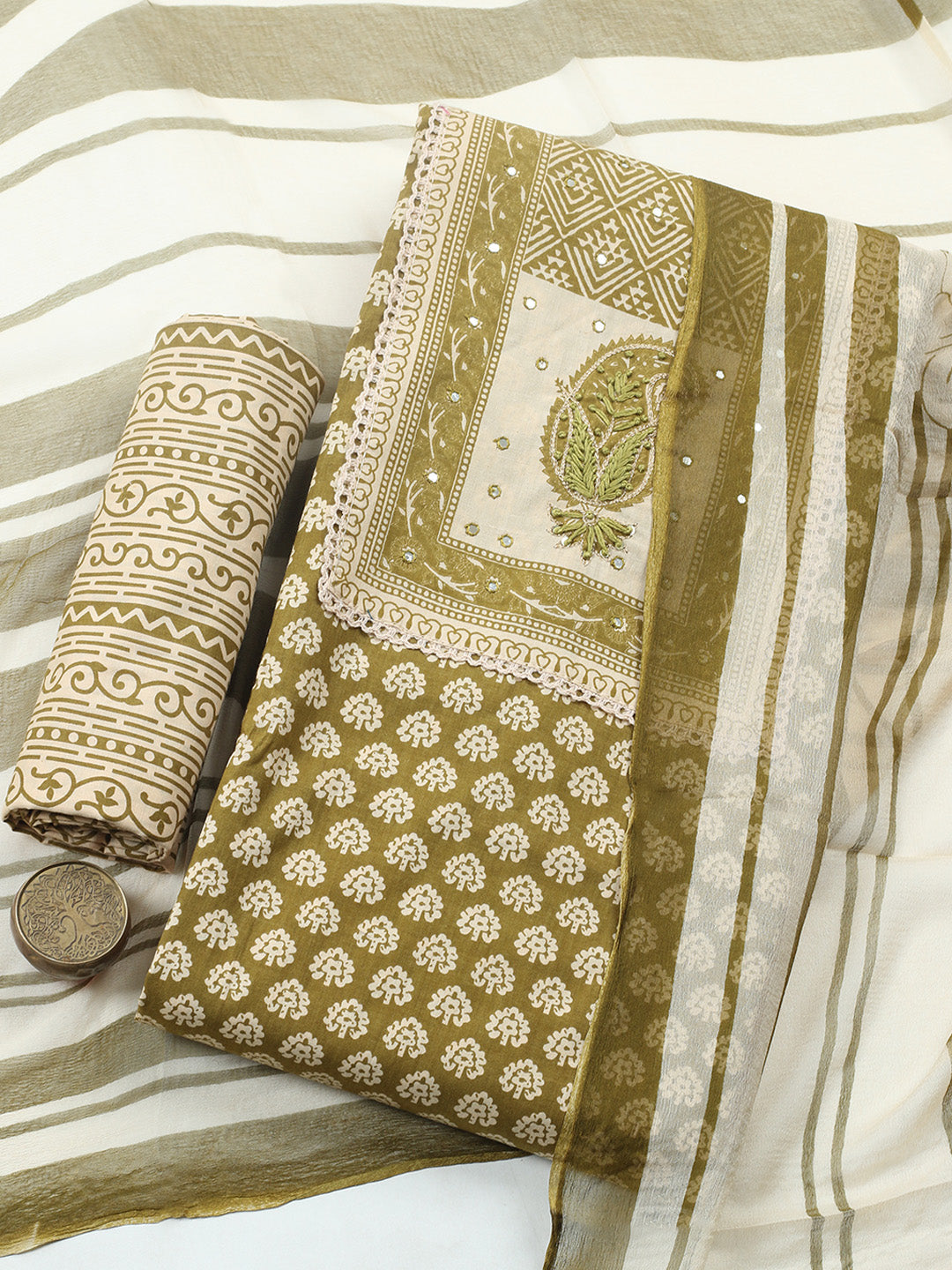 Embroidered Cotton Blend Unstitched Suit With Pant &amp; Dupatta