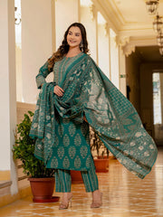 Printed Cotton Blend Kurta With Pants & Dupatta