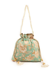 Floral Printed Green Potli Bag