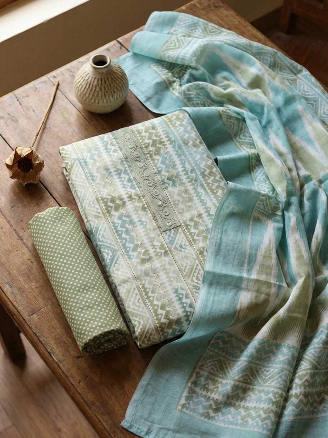 Printed Cotton Blend Unstitched Suit With Pant &amp; Dupatta