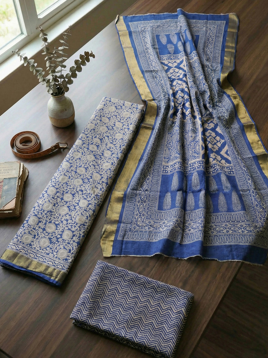 Printed Cotton Blend Unstitched Suit With Pant &amp; Dupatta