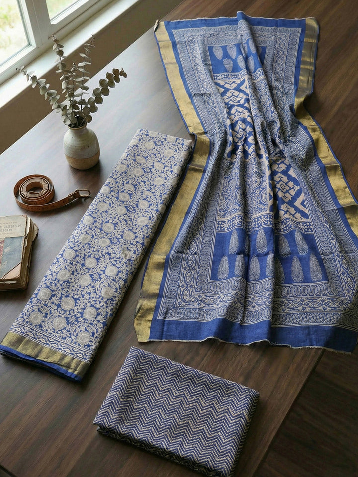 Printed Cotton Blend Unstitched Suit With Pant &amp; Dupatta
