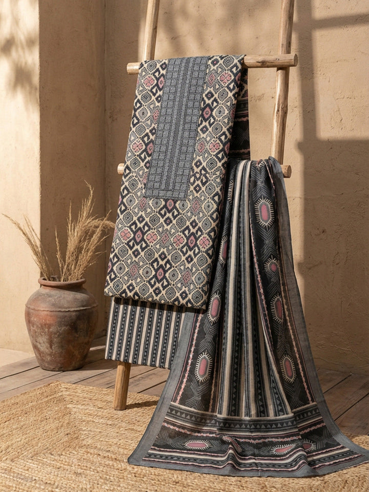 Printed Cotton Blend Unstitched Suit With Pant &amp; Dupatta