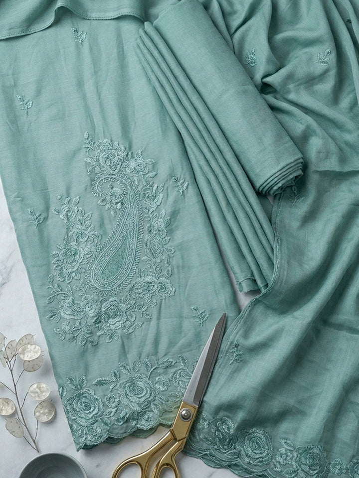Embroidered Chanderi Unstitched Suit With Pant &amp; Dupatta