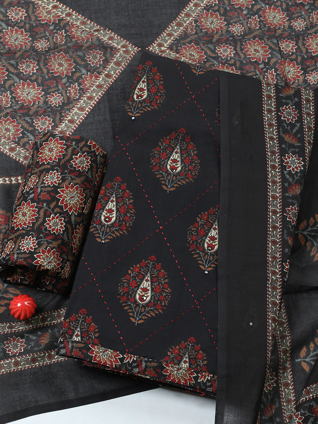 Embroidered Cotton Blend Unstitched Suit With Pant &amp; Dupatta