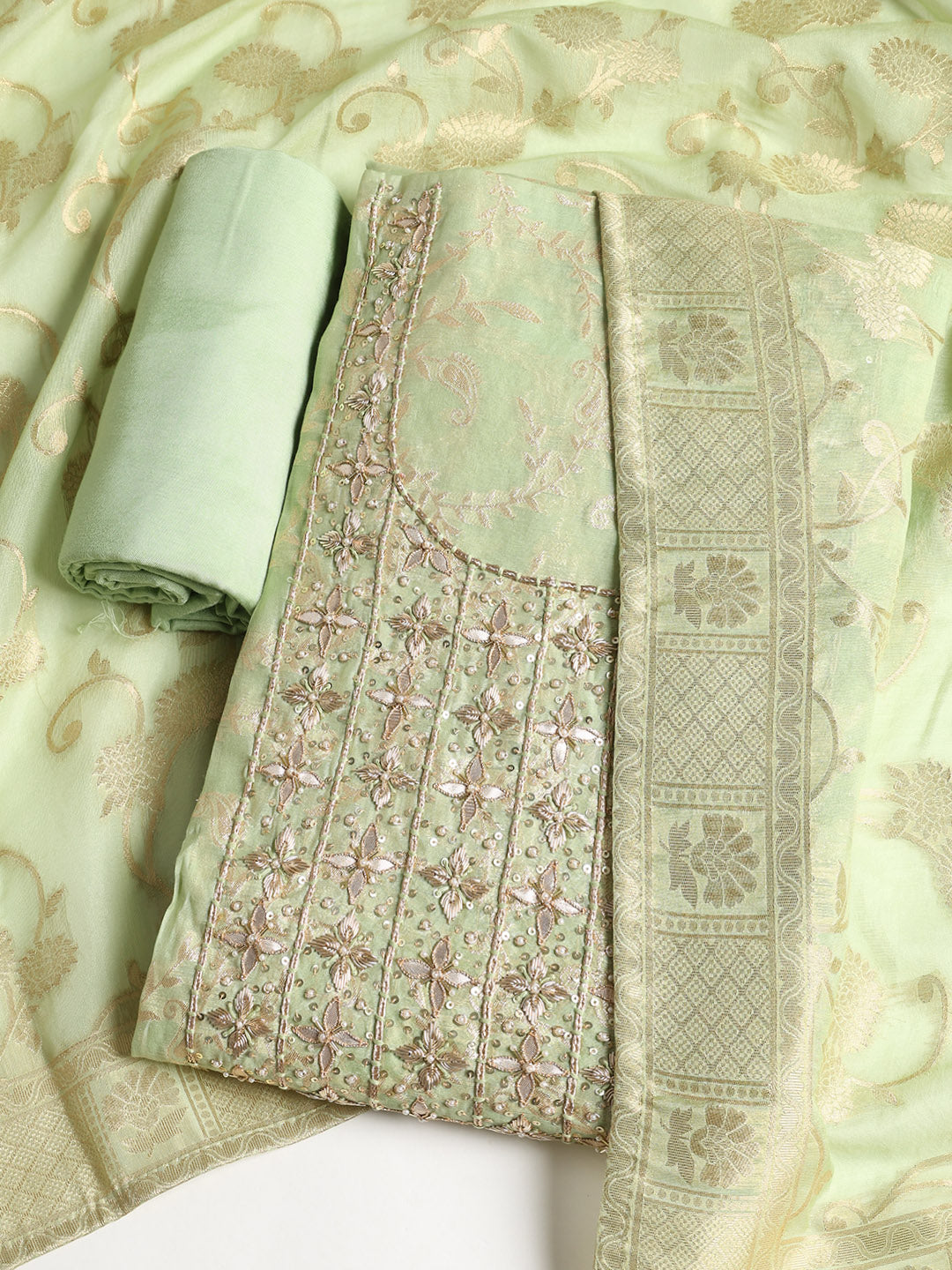 Embroidered Chanderi Unstitched Suit With Dupatta