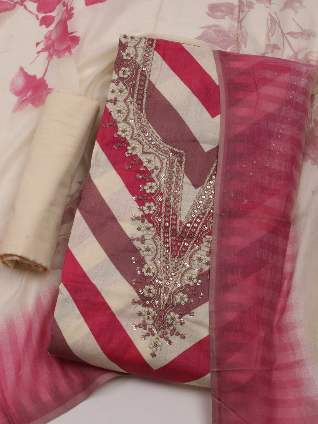 Printed Cotton Blend Unstitched Suit With Dupatta