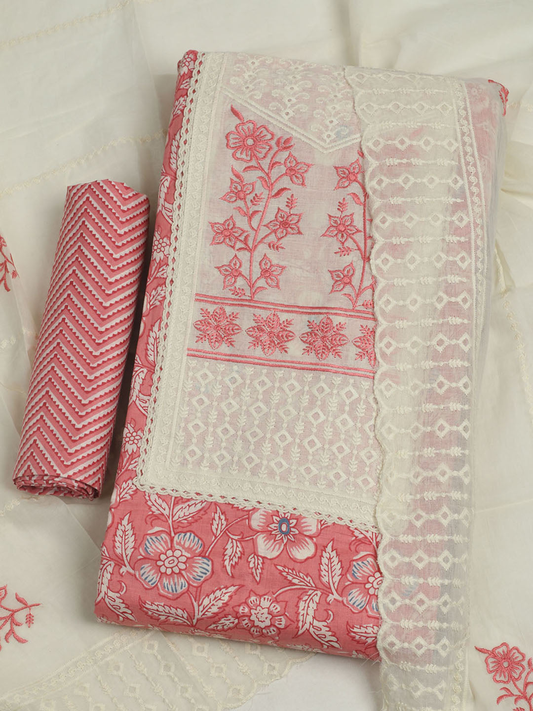 Printed Cotton Unstitched Suit With Pant &amp; Dupatta