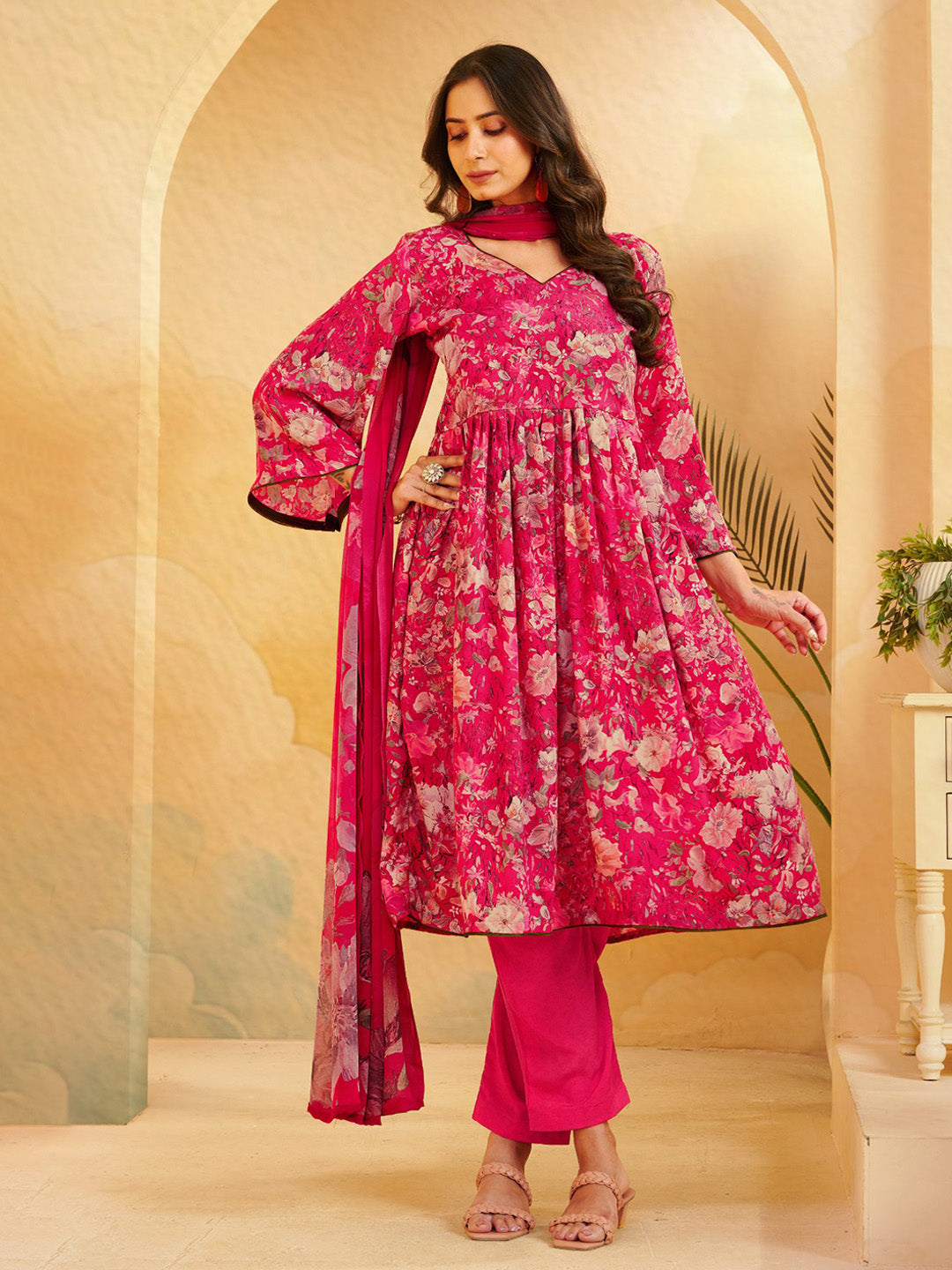 Printed Crepe Unstitched Suit With Pant &amp; Dupatta