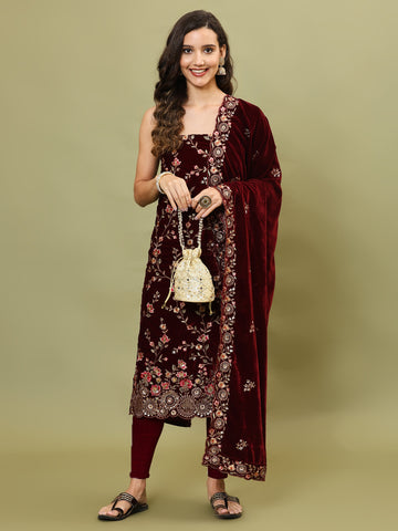 Neck Embroidered Velvet Unstitched Suit Piece With Dupatta