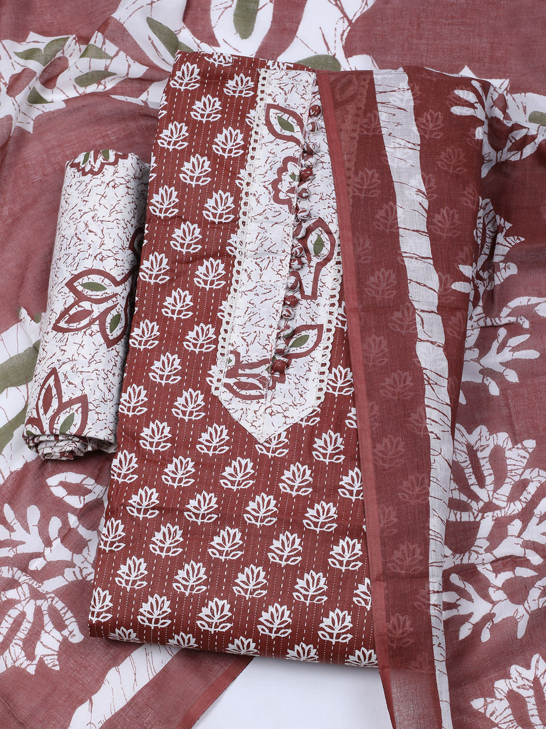 Printed Cotton Blend Unstitched Suit With Dupatta