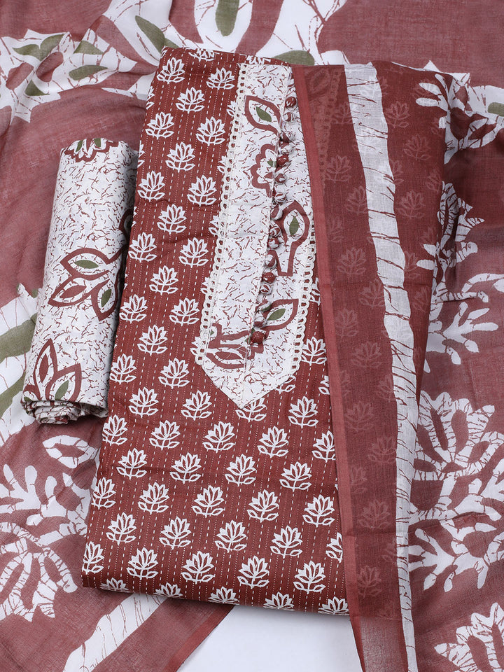 Printed Cotton Blend Unstitched Suit With Dupatta