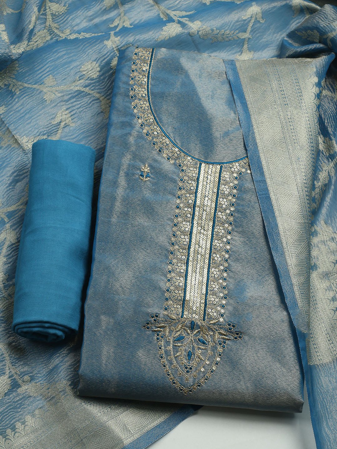 Embroidered Tissue Unstitched Kurta With Pant & Dupatta