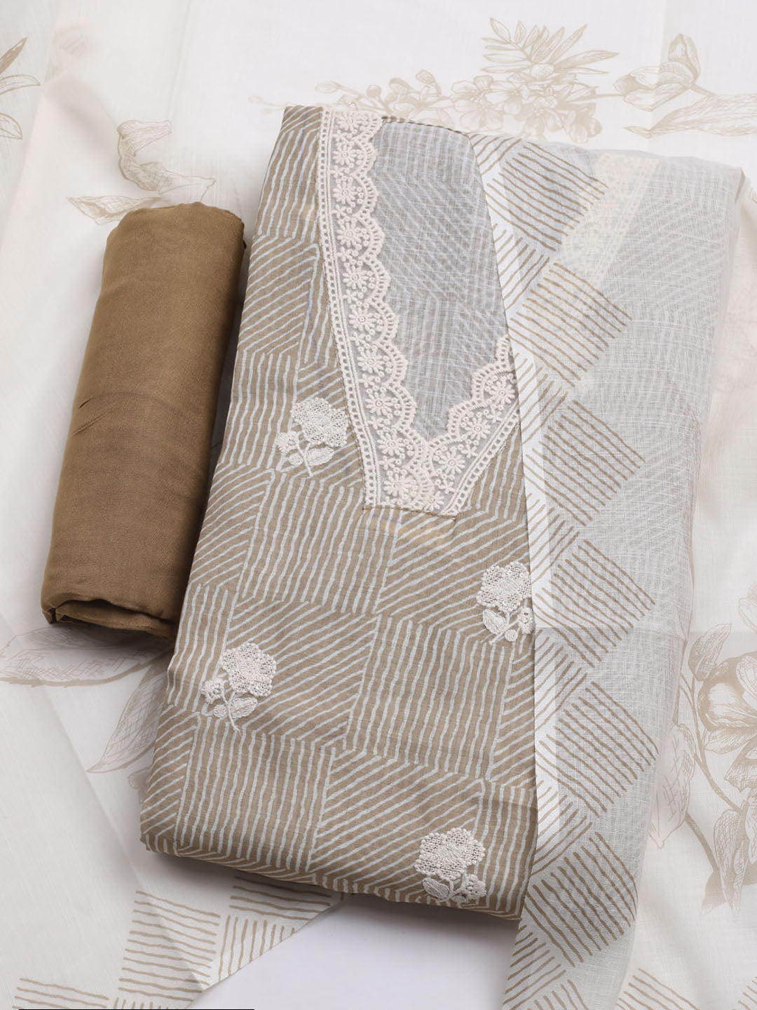 Printed Cotton Blend Unstitched Kurta With Pant & Dupatta