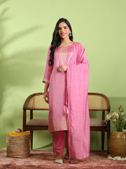 Embroidered Cotton Kurta With Pant & Dupatta