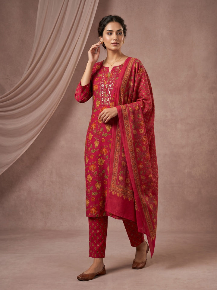 Red Embroidered Cotton Blend Straight Round Neck Suit Set