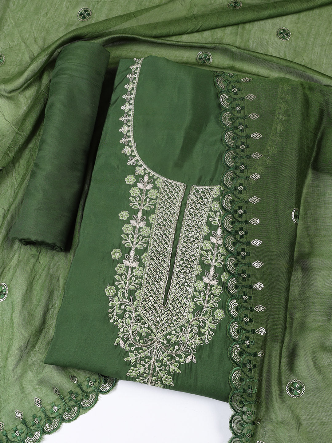 Neck Embroidered Chanderi Unstitched Suit With Dupatta