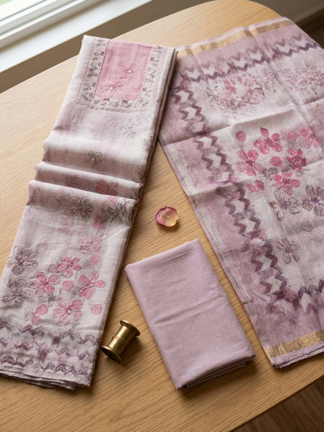 Printed Linen Blend Unstitched Suit With Pant &amp; Dupatta