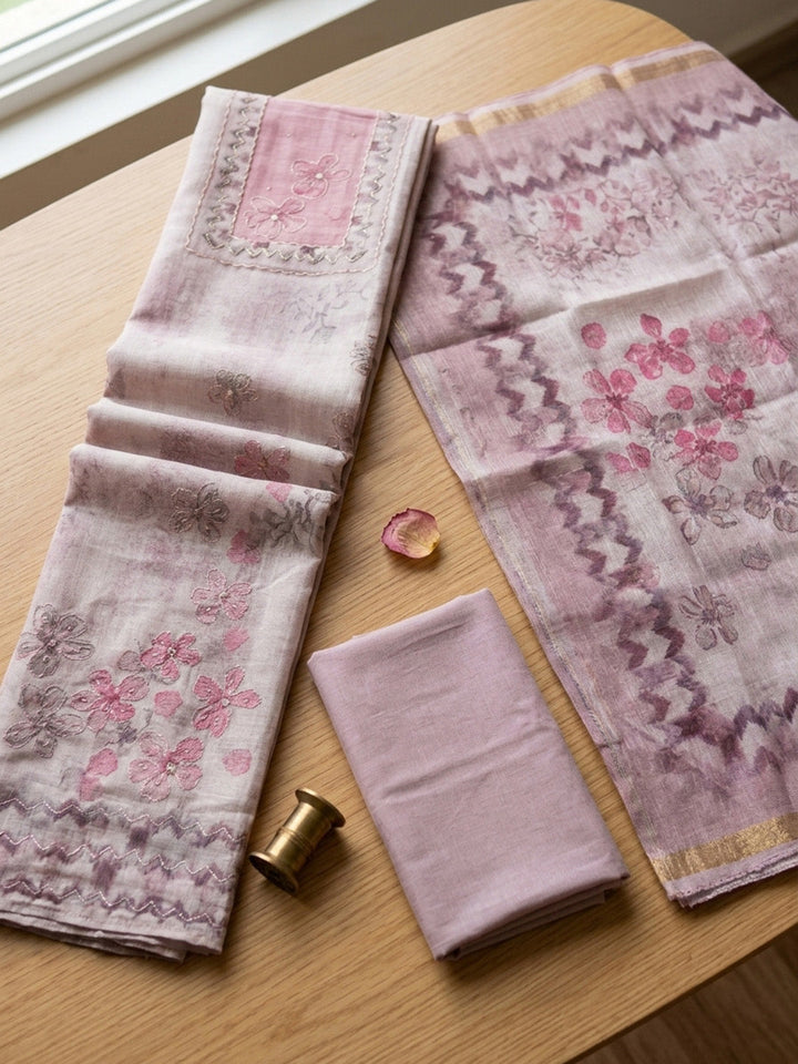 Printed Linen Blend Unstitched Suit With Pant &amp; Dupatta