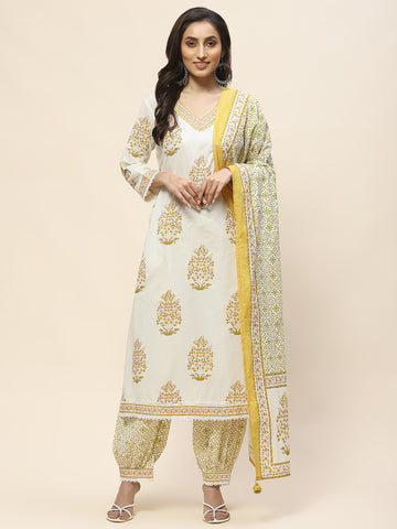 Floral Print Cotton Suit Set With Dupatta