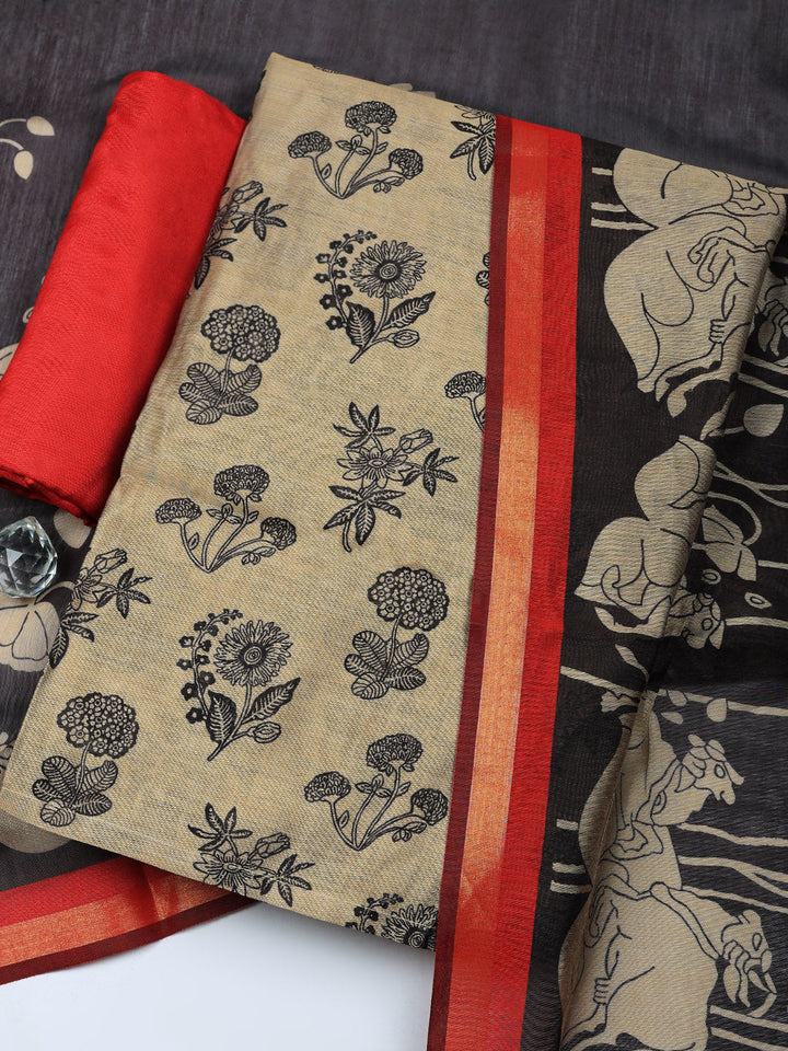 Printed Chanderi Unstitched Suit With Pant &amp; Dupatta