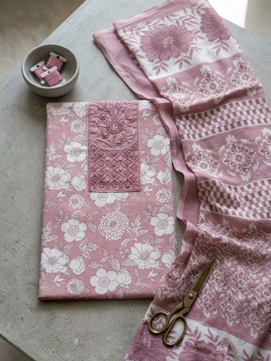 Printed Cotton Blend Unstitched Suit With Pant &amp; Dupatta