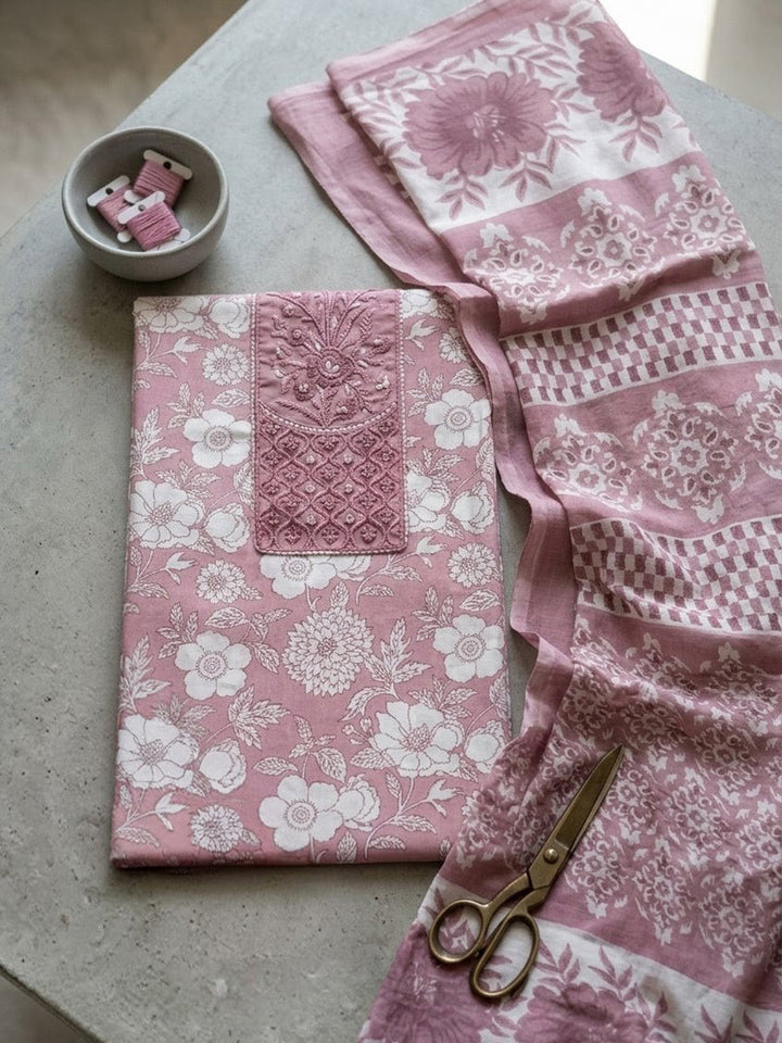 Printed Cotton Blend Unstitched Suit With Pant &amp; Dupatta