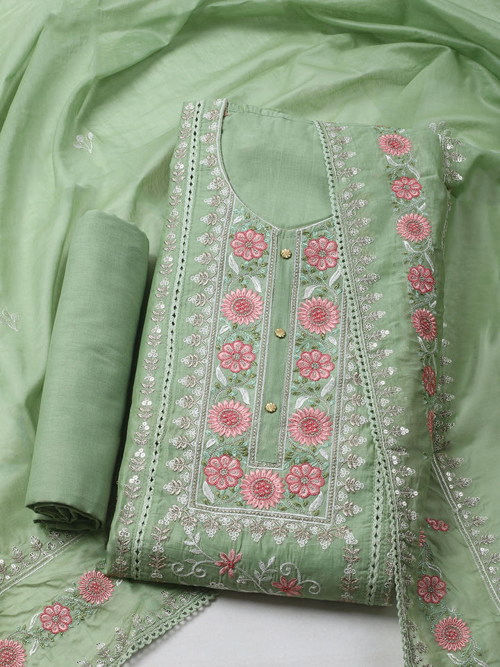 Embroidered Chanderi Unstitched Kurta With Pant &amp; Dupatta