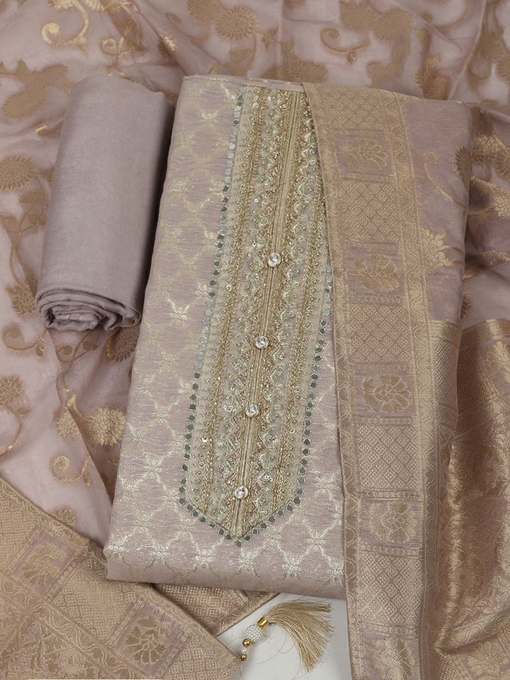Neck Patti Printed Chanderi Unstitched Suit With Dupatta