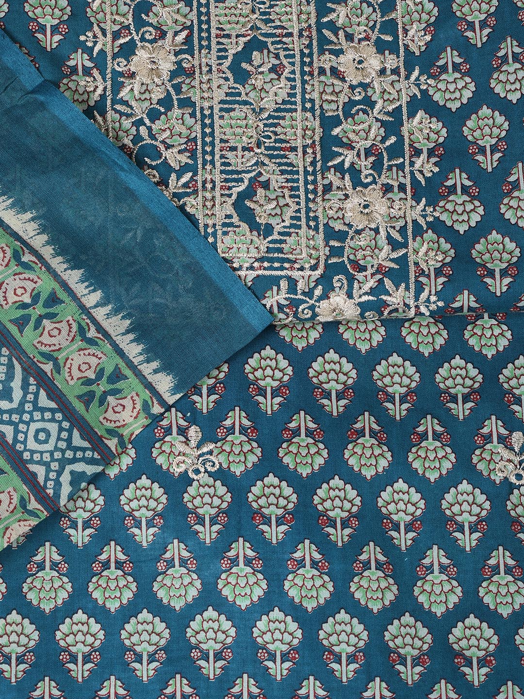 Floral Printed Cotton Unstitched Suit With Dupatta