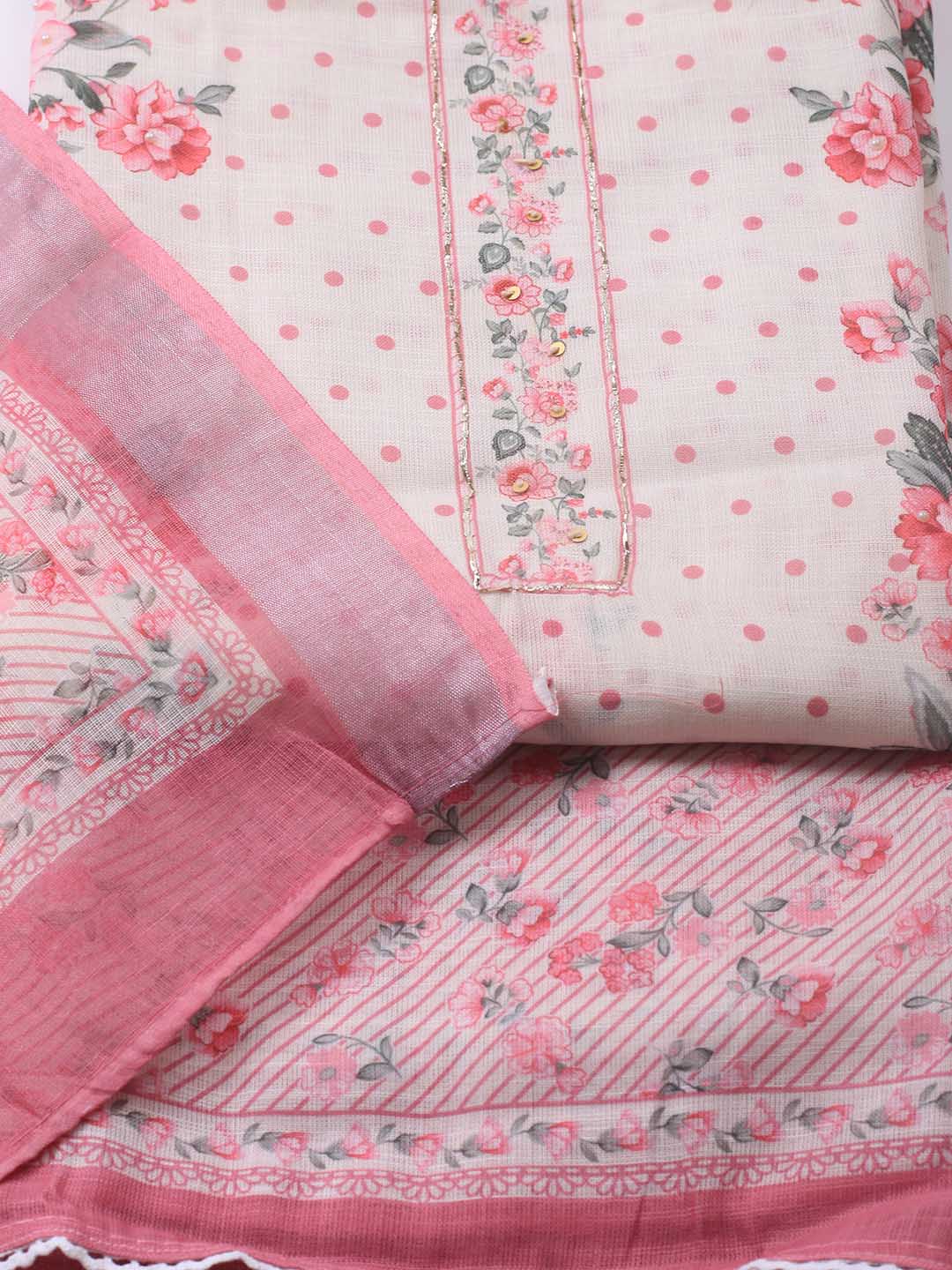 Patch Neck Linen Unstitched Suit Piece With Dupatta