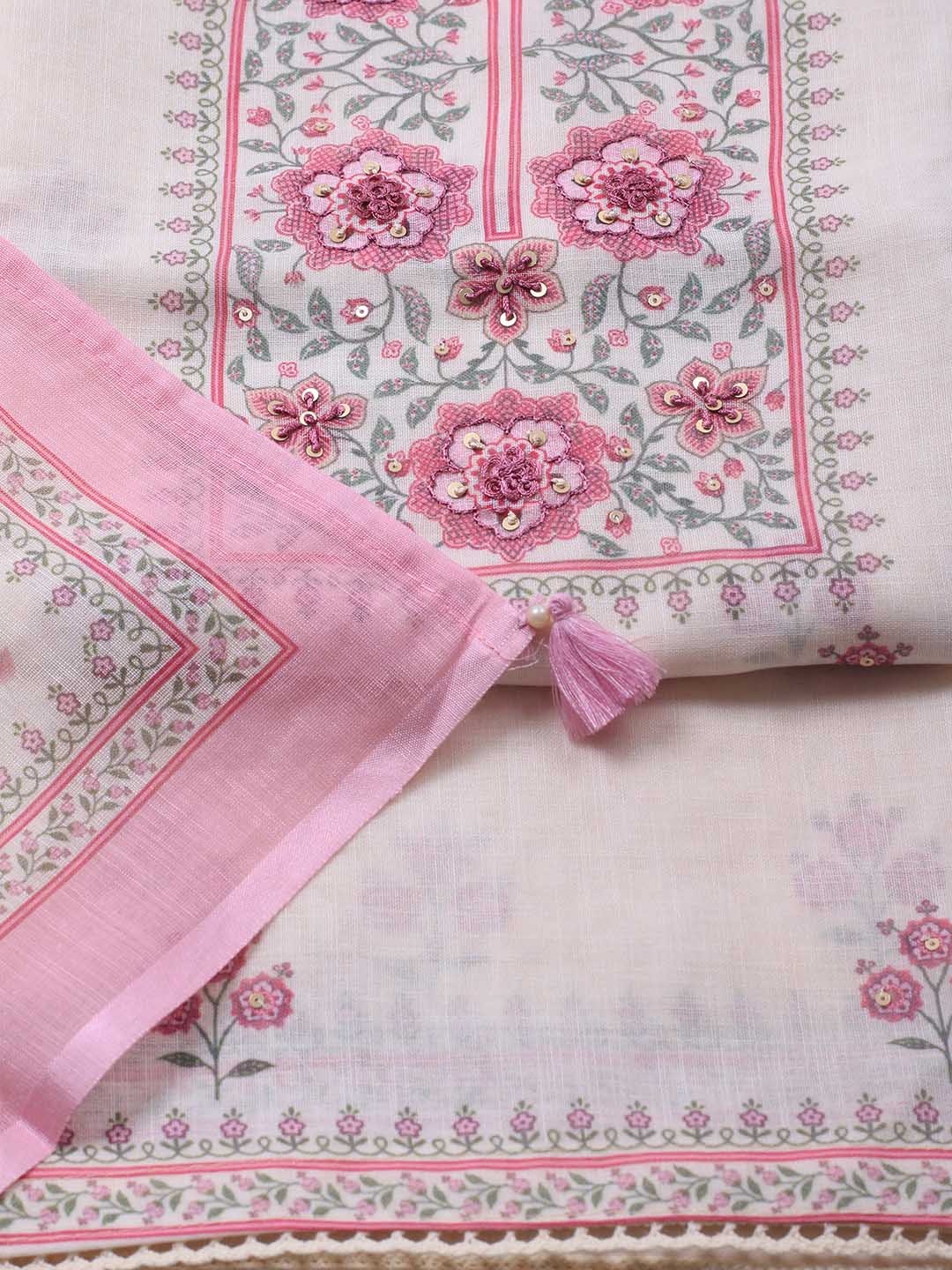 Patch Neck Linen Unstitched Suit Piece With Dupatta