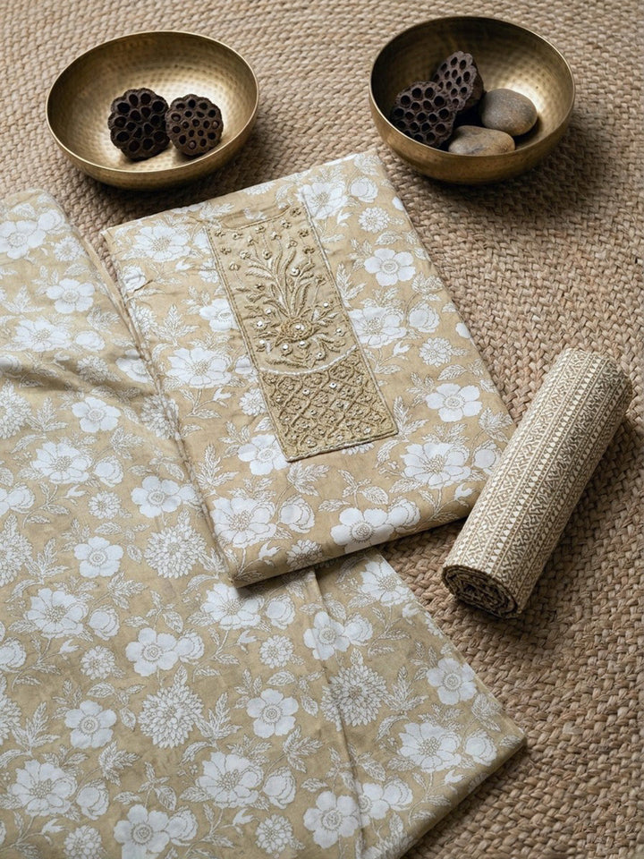 Printed Cotton Blend Unstitched Suit With Pant &amp; Dupatta