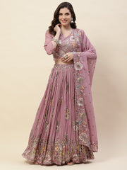 Resham Embroidered Georgette Choli With Lehenga & Dupatta