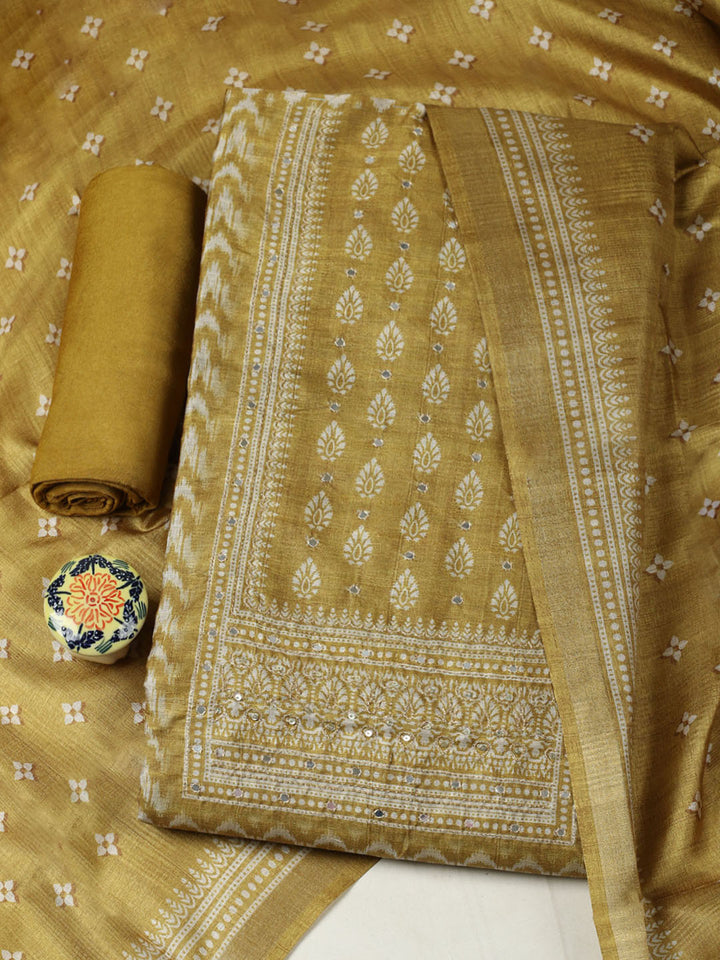 Embroidered Chanderi Unstitched Suit With Pant &amp; Dupatta
