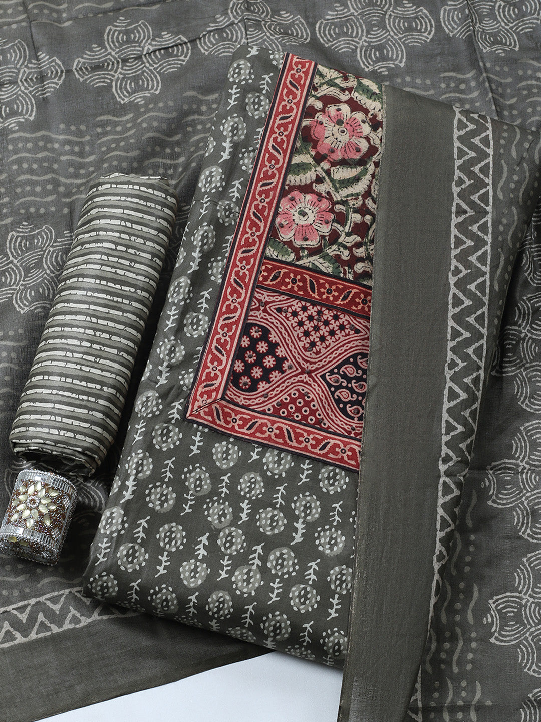 Printed Cotton Blend Unstitched Suit With Pant &amp; Dupatta