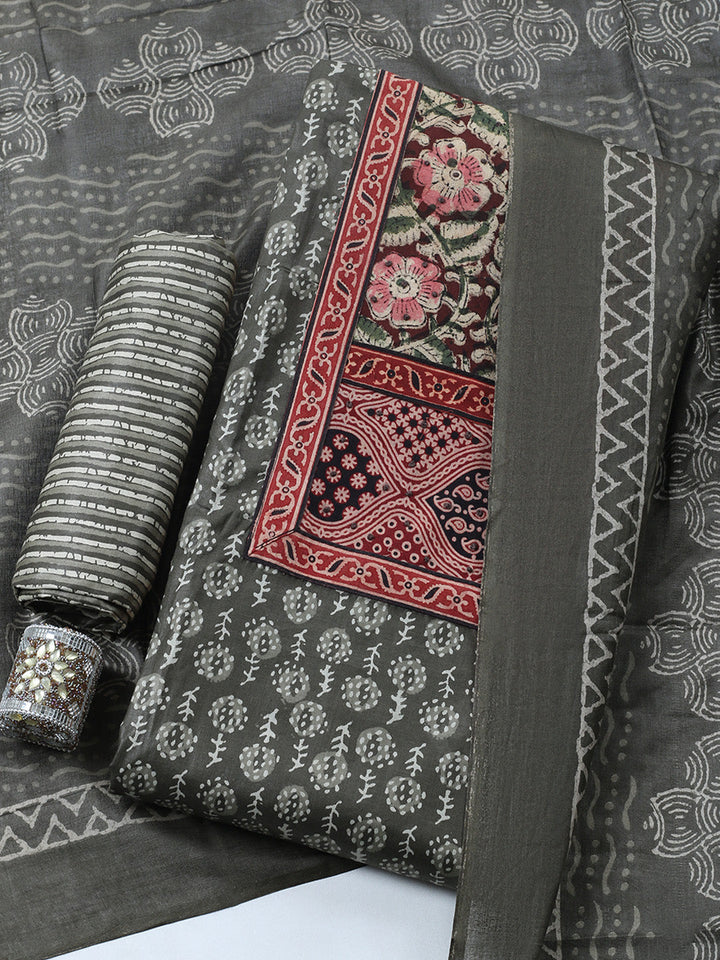 Printed Cotton Blend Unstitched Suit With Pant &amp; Dupatta