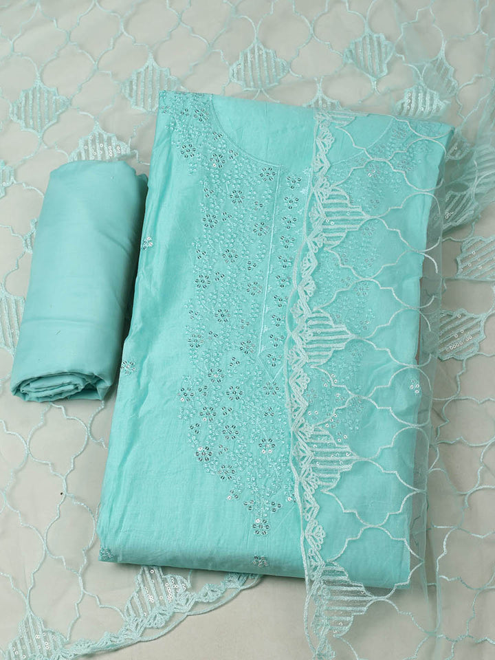 Embroidered Chanderi Unstitched Suit With Pant &amp; Dupatta
