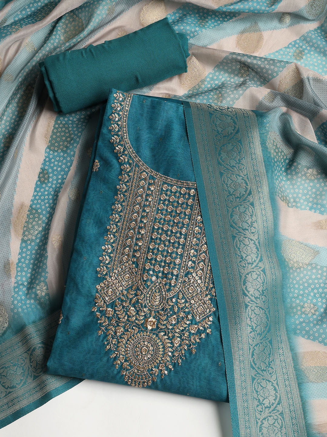 Neck Embroidered Chanderi Unstitched Suit With Dupatta