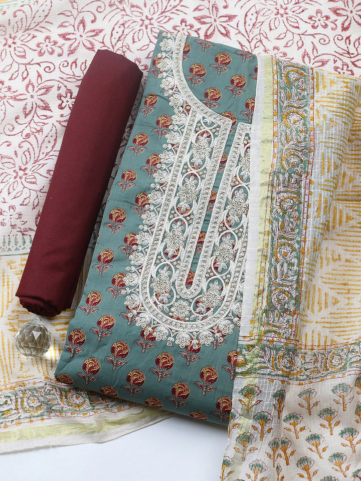 Printed Cotton Blend Unstitched Suit With Pant &amp; Dupatta
